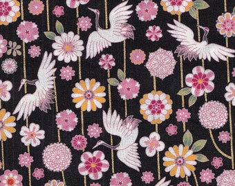 19,90 Eur/m Japan Stoff traditionell Baumwolle 50cm x 110cm Kranich & Blumen schwarz C3023a