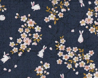 19,90 Eur/Meter fabric from Japan traditional cotton Dobby 50 cm x 110 cm Rabbit & cherry blossom blue B123c