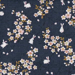 22.90 Eur/meter fabric from Japan traditional cotton dobby 50 cm x 110 cm rabbit & cherry blossom blue B123c