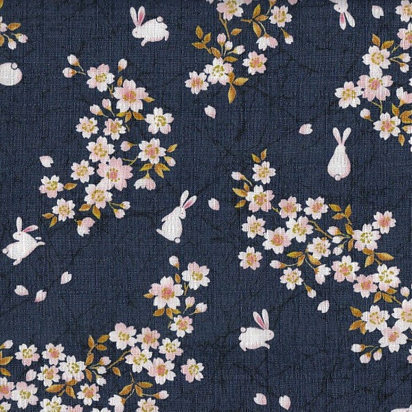 19,90 Eur/m Stoff aus Japan traditionell Baumwolle Dobby 50cm x 110cm Hase & Kirschblüte blau B123c