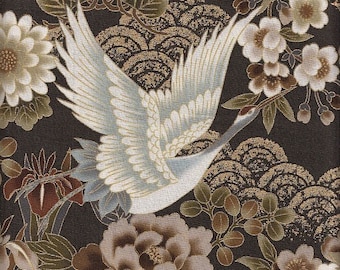 19,90 Eur/Meter Japan fabric traditional cotton 50 cm x 110 cm crane large brown gold C3015a