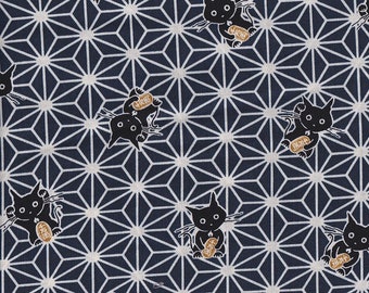 19.90 Eur/meter traditional Japanese fabrics cotton by the meter 50 cm x 110 cm Asanoha cat dark blue C4230a