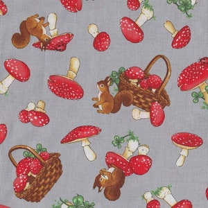 29.00 Eur/Meter Oilcloth laminated Japanese cotton fabric sold by the meter Cosmo 50 cm x 110 cm Oilcloth squirrels & mushrooms grey UR1324b