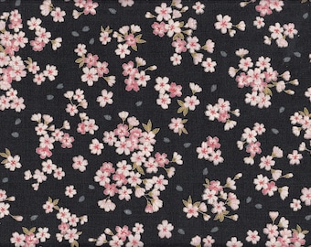 108cm x 55cm Scrap Japanese Kimono Fabric Yuwa Sakura Cherry Blossoms on Black su181130 42.5W x 21.5L