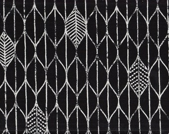 May include: Black and white fabric with a repeating pattern of stylized leaves. The leaves are outlined in white and have a textured, hand-drawn look.
