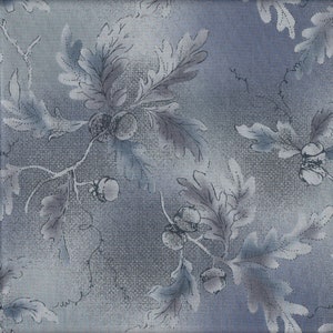 May include: A blue and gray fabric with a repeating pattern of oak leaves and acorns. The fabric has a subtle textured appearance.
