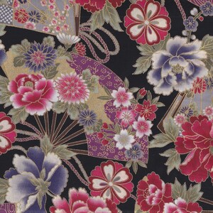 May include: Black fabric with a floral design featuring peonies and other flowers in pink, purple, and red. The pattern includes fan-shaped elements with gold accents and a rope-like detail.