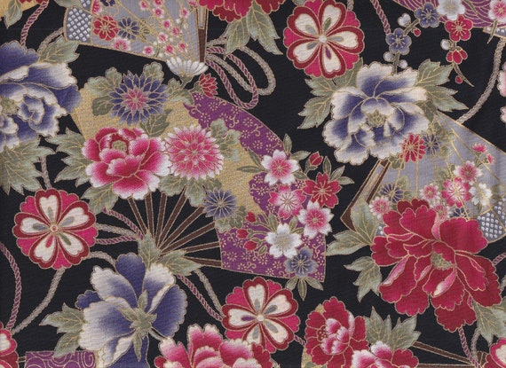 19,90 Eur/metro Tessuti giapponesi motivi tradizionali cotone al metro 50  cm x 110 cm Ventaglio di fiori nero B348a -  Italia