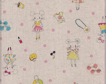22,90 Eur/m Japan Stoff Modern Baumwolle Leinen Canvas Lecien 50cm x 110cm Lovely Mouse natur II R1224b