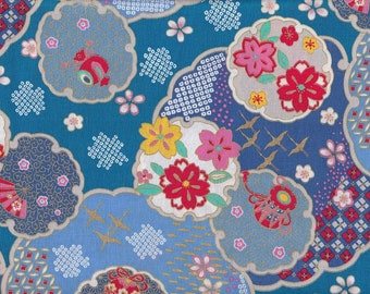 19,90 Eur/Mètre tissus traditionnels japonais Coton au mètre 50 cm x 110 cm Hana à tsuru bleu B311d