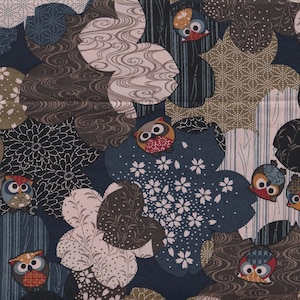 May include: A fabric pattern featuring a repeating design of stylized owls and floral shapes in shades of blue, brown, green, and white. The owls have large eyes and are set against a dark blue background. The floral shapes include cherry blossoms and other decorative patterns.