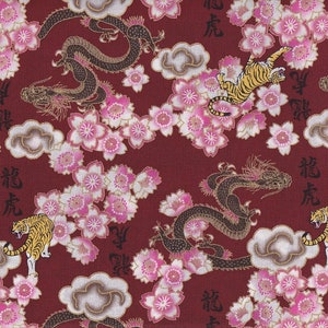 May include: Red fabric with a repeating pattern of gold dragons, tigers, and pink cherry blossoms. The fabric has the Chinese characters "龍虎" (Long Hu) which means "Dragon Tiger".