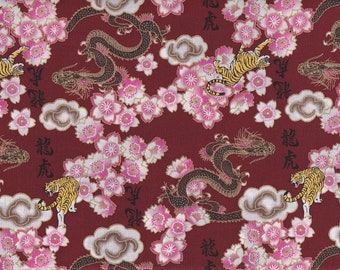 19,90 Eur/mètre tissus traditionnels japonais coton au mètre 50 cm x 110 cm Tiger & Dragon rouge C2070c