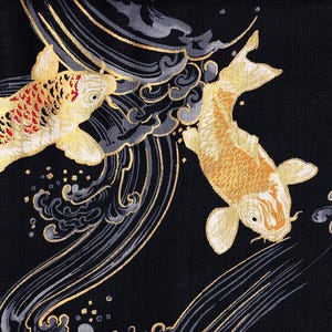 May include: Two gold koi fish swimming in a black and silver wave pattern. The fish are detailed with red and orange scales.