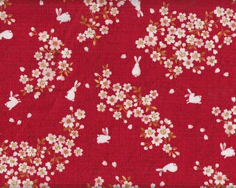 19,90 Eur/Meter fabric from Japan traditional cotton Dobby 50 cm x 110 cm rabbit & cherry blossom red B123d