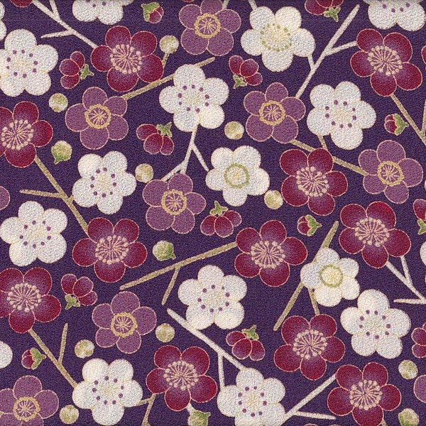 24.90 Eur/mètre Tissus japonais motifs traditionnels polyester mètre crêpe 50 cm x 110 cm Sakura pourpre PE Chirimen B097-NI