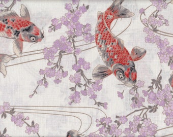 20,90 Eur/m traditionell japanische Stoffe Baumwolle Dobby Kokka 50cm x 110cm Koi & Sakura weiß C3533a