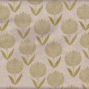 Könnte beinhalten: Ein sich wiederholendes Muster aus stilisierten Löwenzahnblüten in einem gedämpften Gelbgrün. Die Blüten haben eine gepunktete Textur und sind vor einem hellbeigen Hintergrund angeordnet. Das Design erinnert an einen Vintage-Textil.