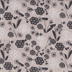 May include: A textile with a repeating floral design. The pattern showcases stylized black and white flowers and leaves on a light grey backdrop. The flowers include starbursts and clustered blooms, creating a botanical theme.