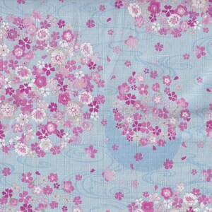 Könnte beinhalten: Hellblauer Stoff mit einem sich wiederholenden Blumenmuster. Gruppen von rosa und weißen Blüten sind über die Oberfläche verstreut, mit einigen losen Blütenblättern. Wellenförmige blaue Linien ergänzen das Design.