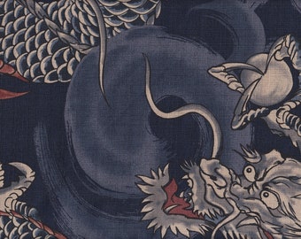 20.90 EUR/meter Japanese traditional cotton fabric Dobby 50 cm x 110 cm dragon large blue C2060d