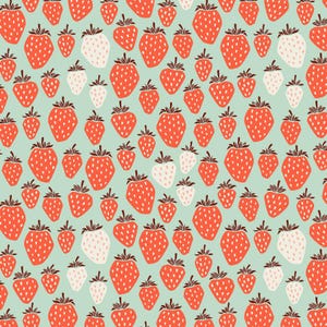 Könnte beinhalten: Ein sich wiederholendes Muster aus roten und weißen Erdbeeren mit grünen Stielen auf hellblaugrünem Hintergrund. Die Erdbeeren variieren in der Größe und sind gleichmäßig verteilt, wodurch ein fröhliches, sommerliches Design entsteht. Geeignet für Stoff, Tapeten oder andere dekorative Anwendungen.