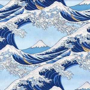 May include: A repeating pattern of a Japanese woodblock print depicting a large wave with Mount Fuji in the background. The wave is blue and white with a foamy crest. There are small boats in the wave.