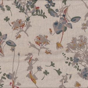 May include: A beige fabric with a floral pattern in shades of blue, gray, and red. The flowers are stylized and abstract, with a delicate and whimsical feel.