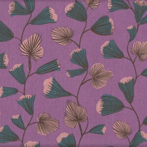 May include: A fabric with a repeating floral pattern. The background is a solid lavender color. The floral design features teal, light pink, and brown stylized flowers and leaves on thin, winding stems.