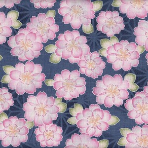 May include: A repeating pattern of pink cherry blossoms with green leaves on a dark blue background. The flowers have white centers and are arranged over a geometric starburst design.