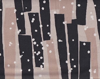 May include: Abstract textile pattern featuring vertical black and tan stripes with scattered white dots. The design has a modern, geometric feel, suitable for fabric or wallpaper.