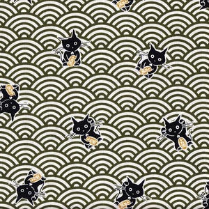 29.90 Eur/Meter Oilcloth laminated Japanese cotton fabric 50 cm x 110 cm Oilcloth Seigaiha cat green UC4231c