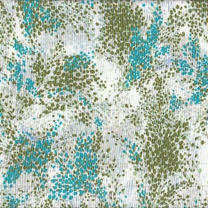 May include: Abstract pattern with a repeating design of green and teal organic shapes on a white background. The pattern has a textured appearance with vertical lines, creating visual depth.