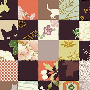 Peut inclure: Un motif de patchwork avec des carrés présentant divers motifs et illustrations. Les carrés comprennent des motifs floraux, des silhouettes de chats et des empreintes de pattes dans des tons de marron, beige et bordeaux. L'esthétique générale rappelle l'art japonais.