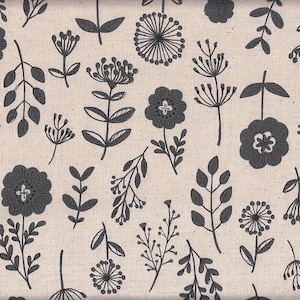 May include: A seamless pattern featuring black and white stylized floral designs on a beige background. The pattern includes various flowers, leaves, and stems.