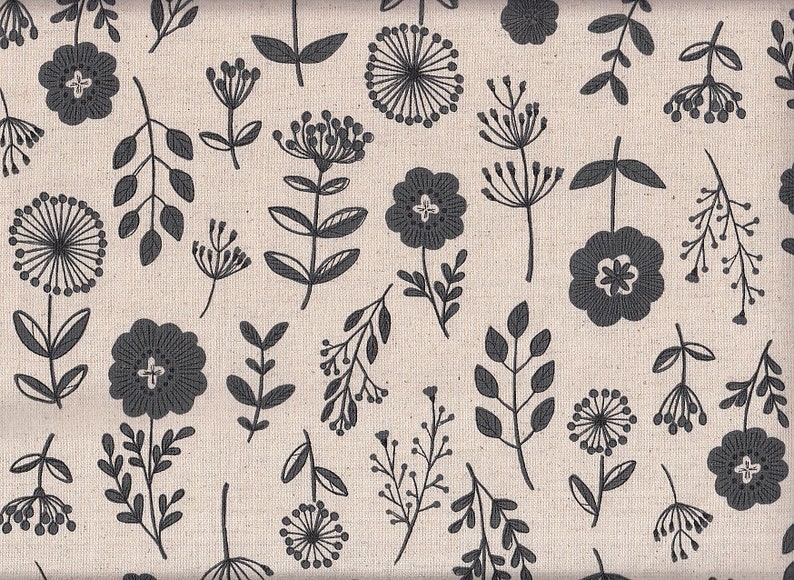 May include: A seamless pattern featuring black and white stylized floral designs on a beige background. The pattern includes various flowers, leaves, and stems.
