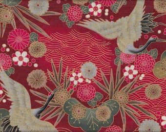 19.90 Eur/mètre Tissu Japon coton traditionnel 50 cm x 110 cm grue rouge C3004b