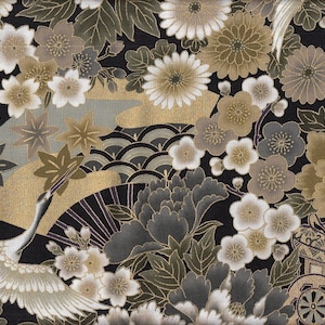 22,90 Eur/m Japan Stoff traditionell Baumwolle 50cm x 110cm Kranich und Fächer schwarz grau C3029e