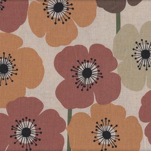 Peut inclure: Motif floral répété avec de grandes fleurs stylisées dans des tons orange, rouge et beige. Les fleurs ont des centres noirs avec des lignes rayonnantes, sur un fond neutre. Idéal pour tissu ou papier peint.