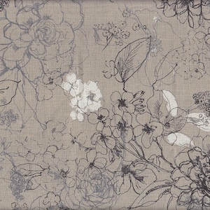 May include: A beige fabric with a black and white floral pattern. The pattern features various flowers, leaves, and stems.