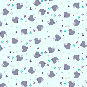 May include: A repeating pattern on a light blue background featuring cartoon foxes, mushrooms, bees, and crescent moons. The foxes are gray with white-tipped tails. The mushrooms are teal and purple. The bees are yellow and black.