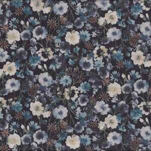 May include: A dense floral pattern on a dark background. The flowers are in shades of blue, white, and tan. The design is closely packed, with the flowers overlapping. The overall effect is a soft, watercolour-like appearance.
