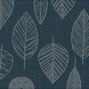 May include: A teal fabric with a repeating pattern of white, stylized leaves. The leaves vary in size and design, with detailed veining and some with dotted patterns. The overall effect is a nature-inspired, decorative textile.
