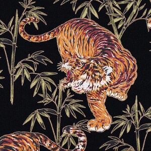 May include: A black background with a repeating pattern of orange and black tigers and green bamboo plants.