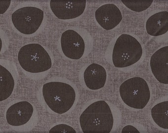 May include: A seamless pattern of brown abstract shapes on a light gray background. The shapes are organic and resemble pebbles or stones. Each shape has a small white design in the center.