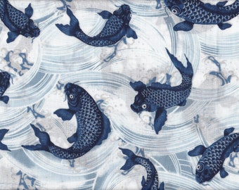 22.90 Eur/Meter Japanese fabric traditional cotton 50 cm x 110 cm Koi white C3520a