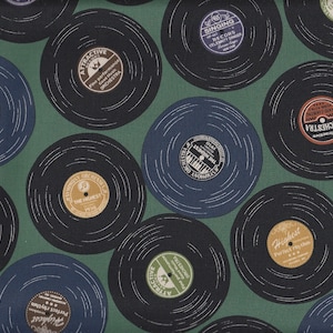 29.00 Eur/Meter Oilcloth laminated Japanese cotton fabric Cosmo records 50 cm x 110 cm Oilcloth Vinyl Record green US1033e