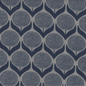 May include: A repeating pattern of blue stylised flowers on a grey background. The flowers are made up of small blue dots.