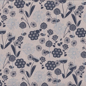 May include: A beige fabric featuring a repeating floral pattern. The design showcases navy blue and light blue stylized flowers, along with starburst shapes. The overall aesthetic is whimsical and evokes a sense of nature.