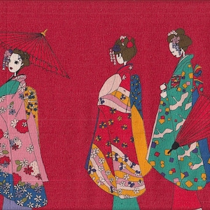 May include: Illustration of five geishas in colorful kimonos and traditional hairstyles, set against a red background. Some geishas hold parasols. The kimonos feature floral and geometric patterns in pink, blue, yellow, and green.